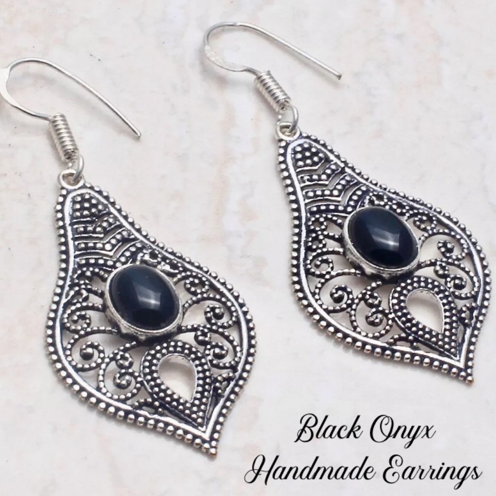 Black Onyx Vintage Style Halo Handmade Earrings